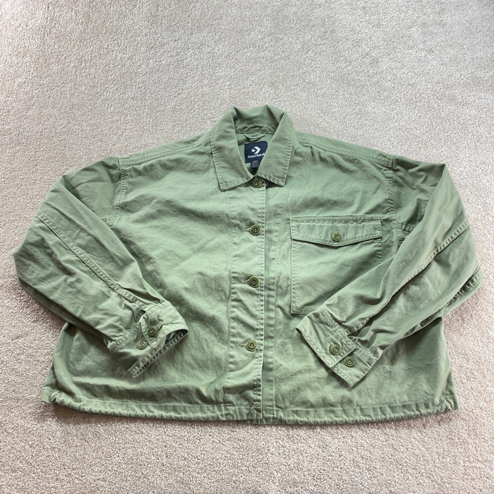 Converse Utility Jacket Womens XL Green Cropped Cotton‎ Twill Button Up Shacket